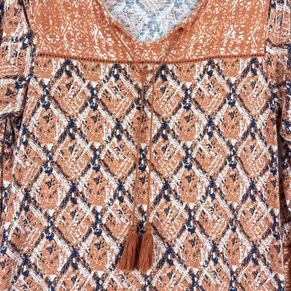 Max Jeans‎ Boho Tunic Top Women’s Medium Rust Orange Diamond Print Tassel Tie - Picture 5 of 16